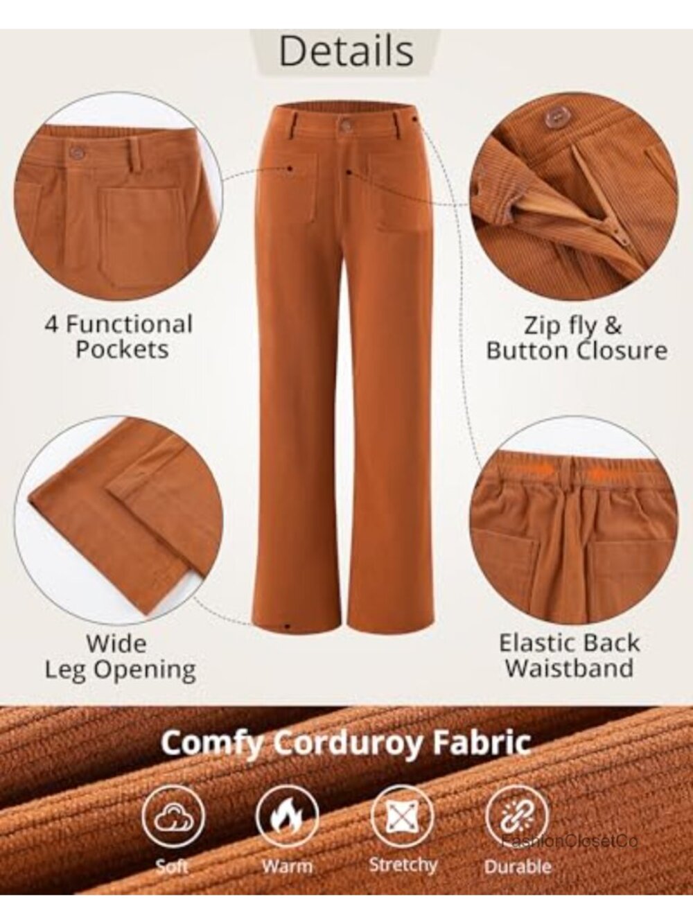 Corduroy Pants Women High Waisted Wide Leg Patch Pocket Fall Winter Dressy - Picture 5 of 6